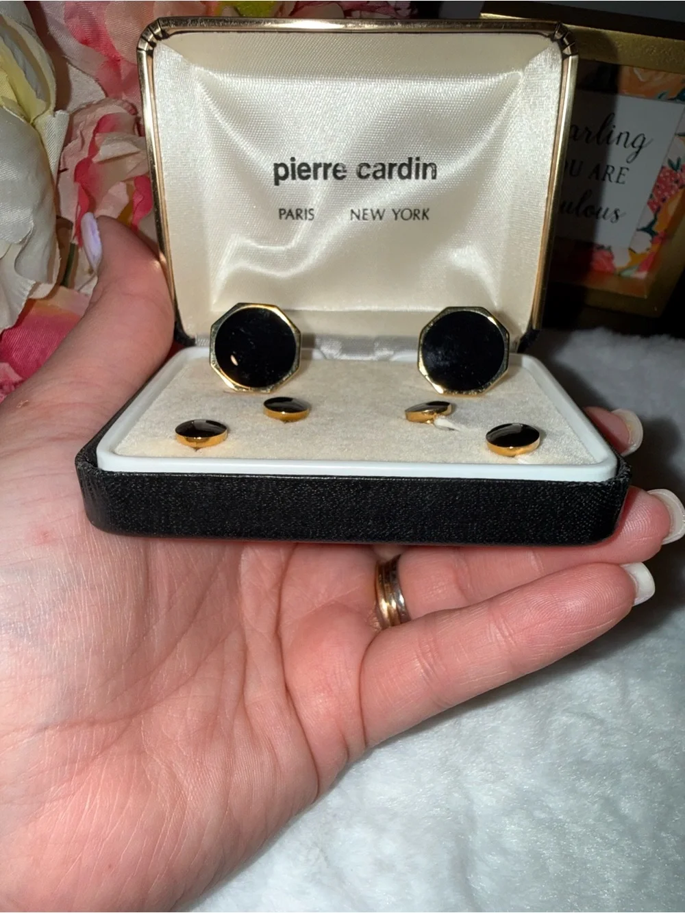 Pierre Cardin Vintage Cufflinks & Shirt Studs Set Black Gold Tone Boxed